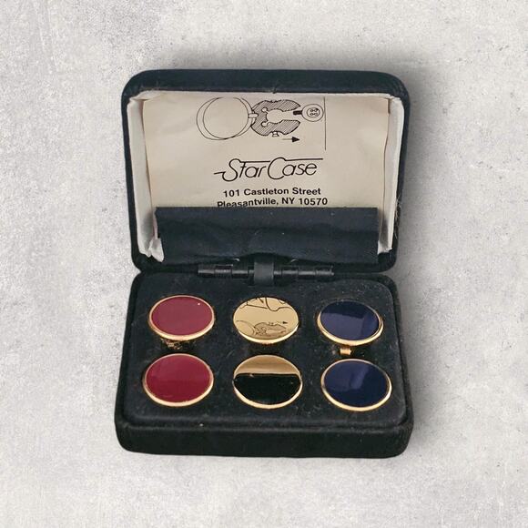 Vintage 3 Pairs Button Links Star Case in Case Gold Tone - Picture 2 of 8